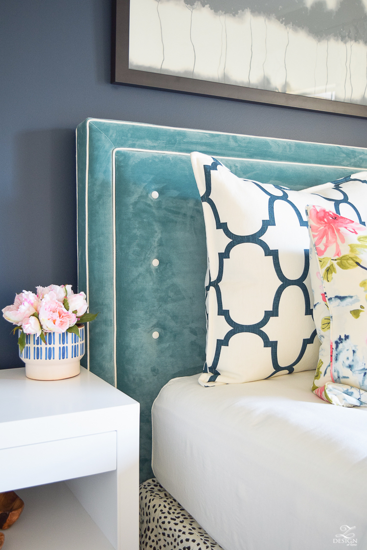 teal blue velvet tufted headboard navy blue wall sherwin williams gentlemans gray paint-1