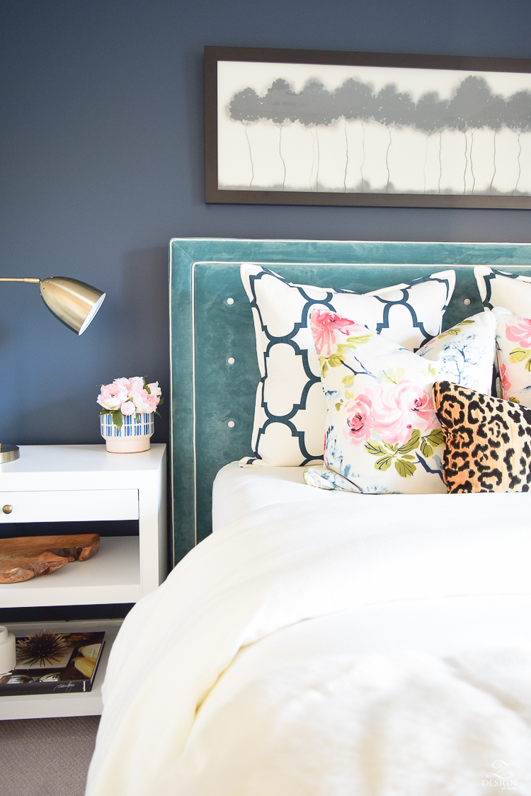 teal blue velvet tufted headboard navy blue wall sherwin williams gentlemans gray paint-2