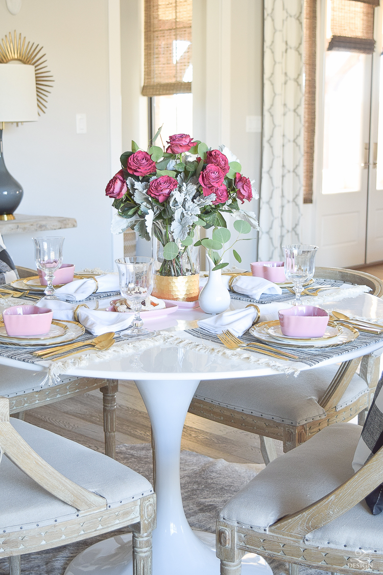 valentines table scape valentines brunch white gold rimmed dishes tulip table buffalo check pillows sherwin williams on the rocks -1