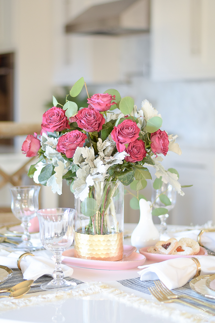 alentines table scape valentines brunch white gold rimmed dishes tulip table buffalo check pillows sherwin williams on the rocks 