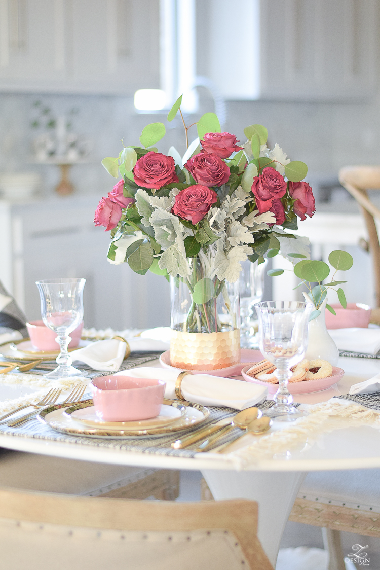 valentines table scape valentines brunch white gold rimmed dishes tulip table buffalo check pillows sherwin williams on the rocks -14