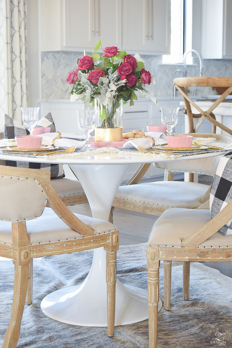 valentines table scape valentines brunch white gold rimmed dishes tulip table buffalo check pillows sherwin williams on the rocks -4