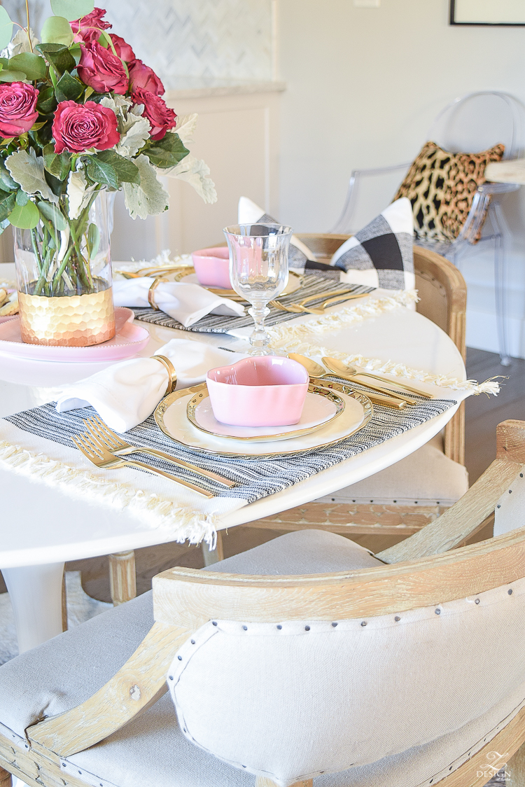 valentines table scape valentines brunch white gold rimmed dishes tulip table buffalo check pillows sherwin williams on the rocks -6