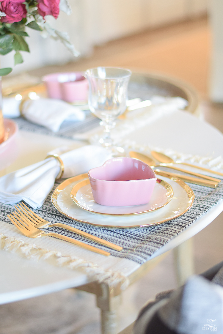 valentines table scape valentines brunch white gold rimmed dishes tulip table buffalo check pillows sherwin williams on the rocks -7