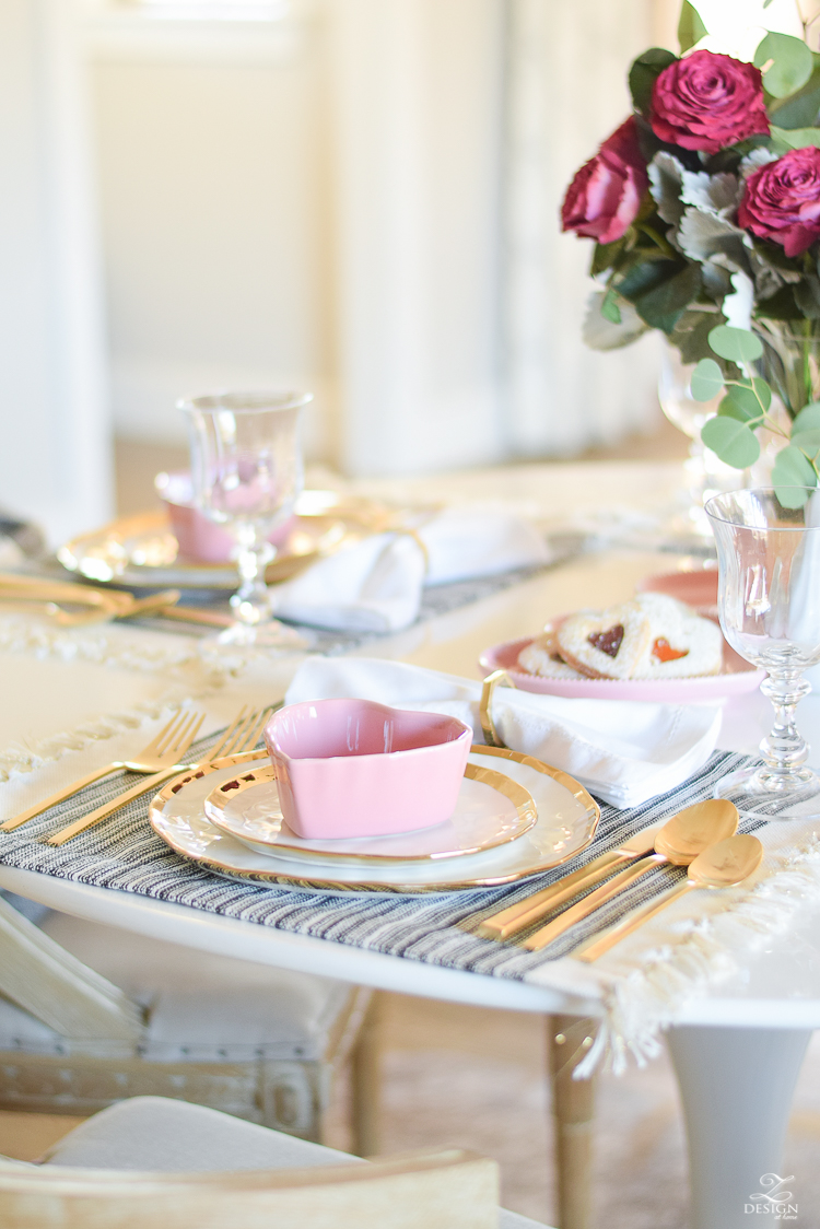 valentines table scape valentines brunch white gold rimmed dishes tulip table buffalo check pillows sherwin williams on the rocks -8