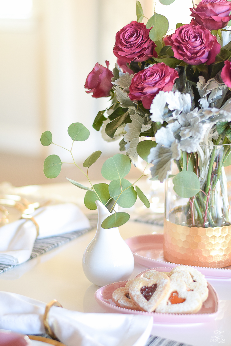 valentines table scape valentines brunch white gold rimmed dishes tulip table buffalo check pillows sherwin williams on the rocks -9