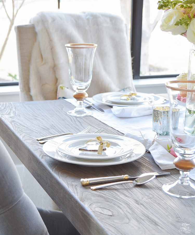 valentines table scape with white and pink roses pink snap dragons gray washed dining table white dishes eternal gold flatware-1