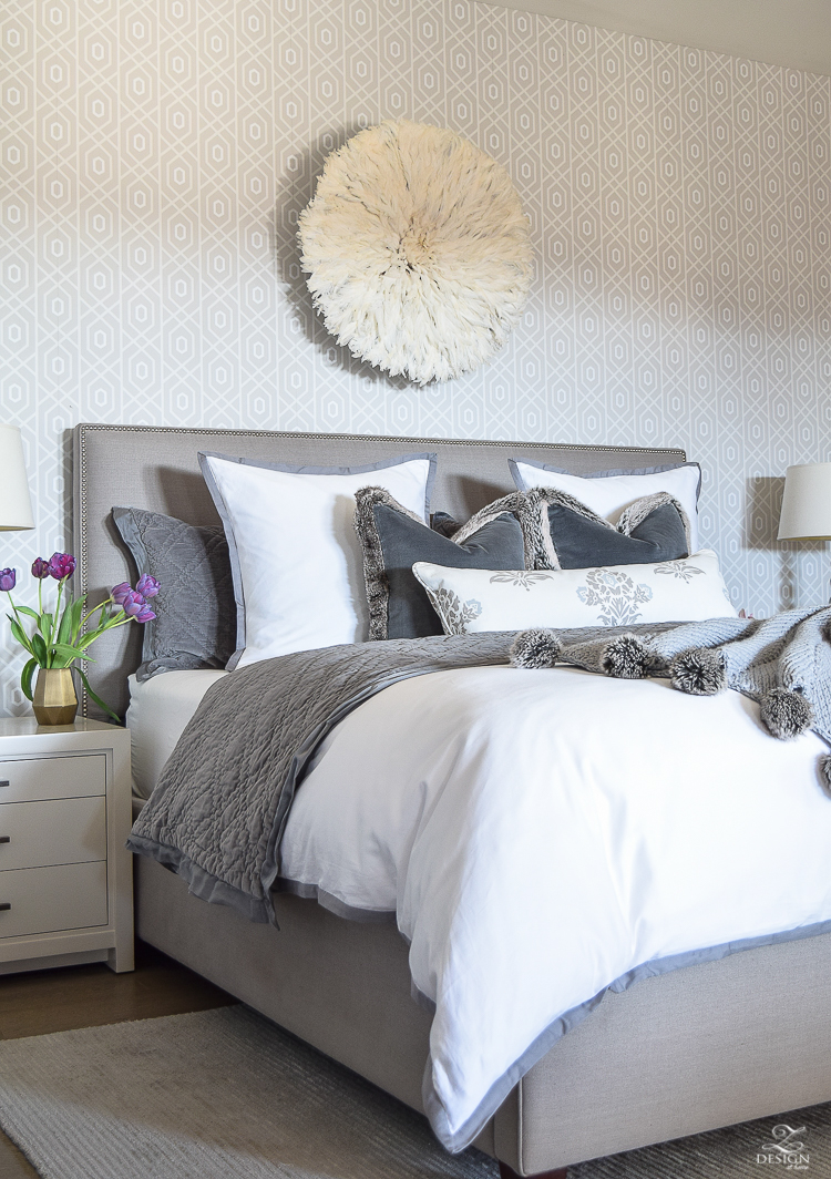 Juju boutik bamileke Feather Headress over the bed in white and gray transitional style bedroom-2