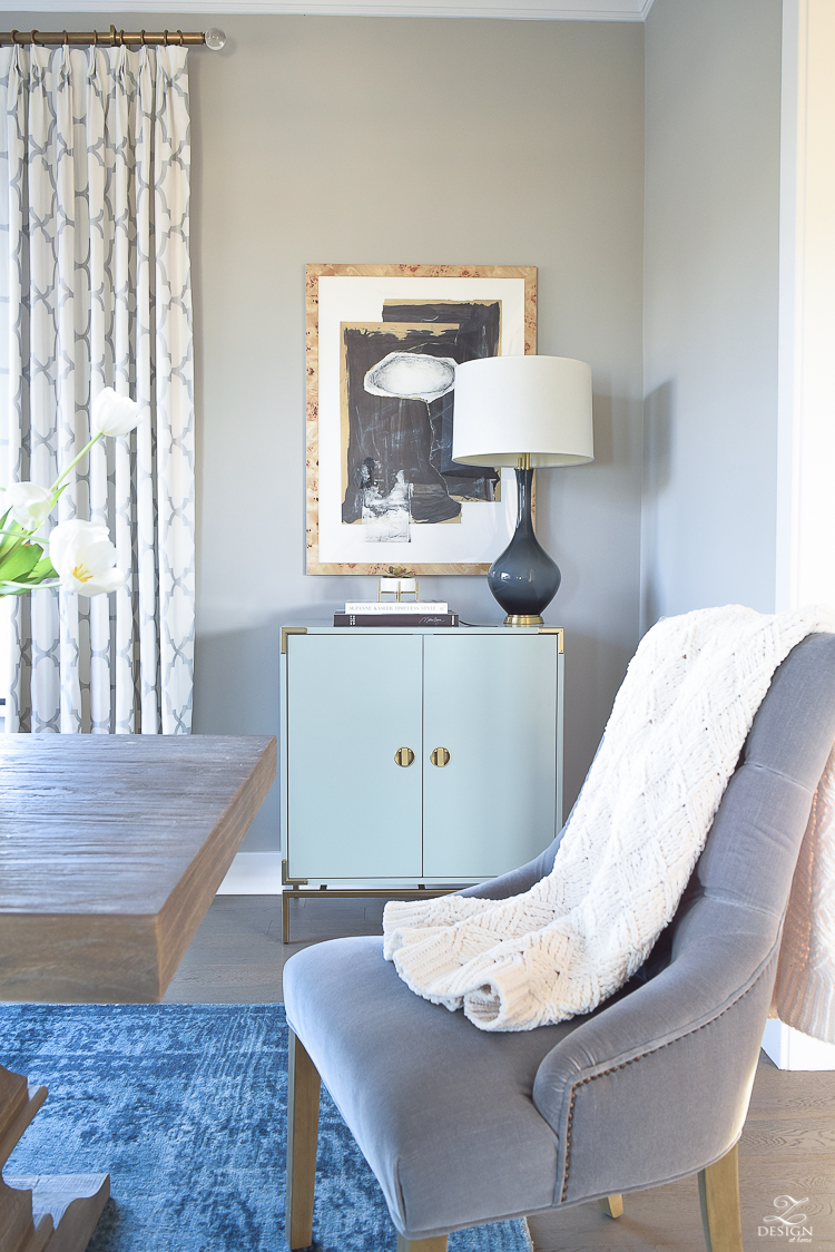 Minted art Hovering Union by Misty Hughes transitional style dining room mindful gray paint aqua and brass bar cabinet kravet raid drapes in silver-2