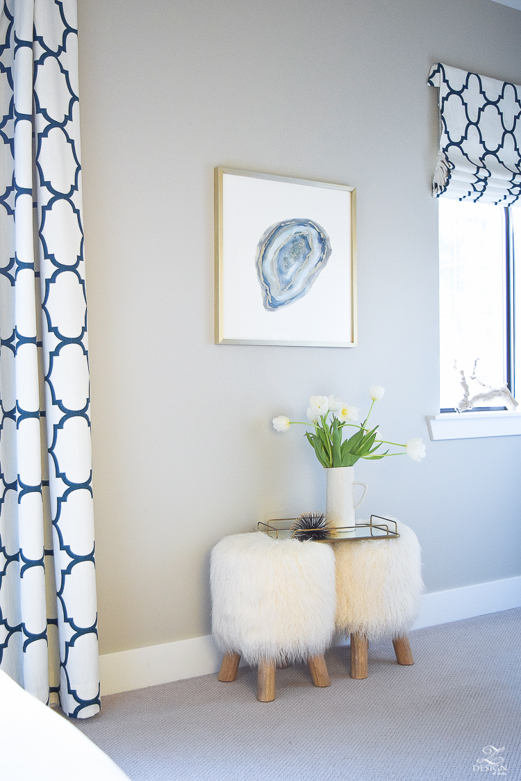 minted art aqua agate by amy lighthall artist fur stools kravet riad drapes in navy colonade gray paint gray carpet-2