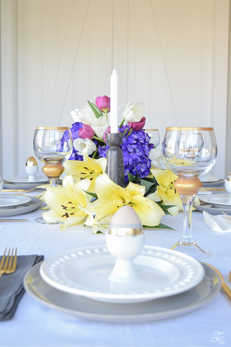 Modern Easter Tablescape Gold Floor Mirror Juju Hat gold flatware gray dishes white linen table cloth-4