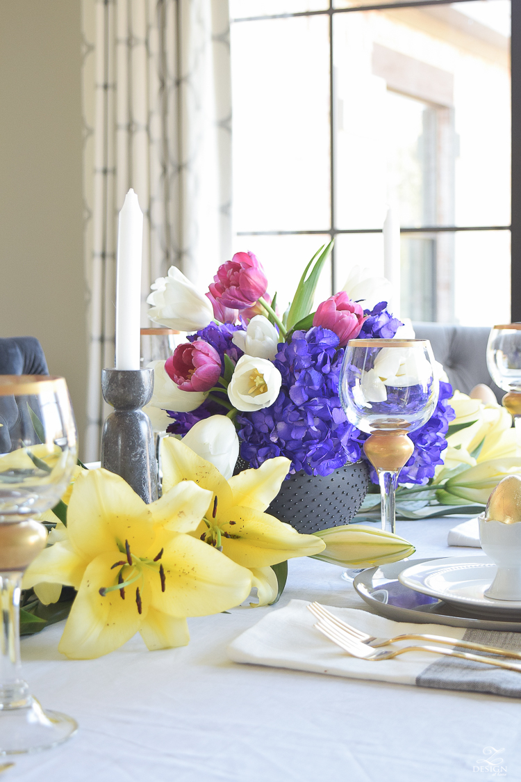 Modern Easter Tablescape yellow lillies purple hydrangeas white beaded dishes gold flatware-1