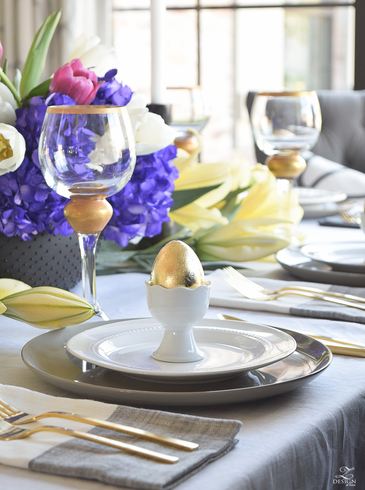 Modern Easter Tablescape yellow lillies purple hydrangeas white beaded dishes gold flatware-3