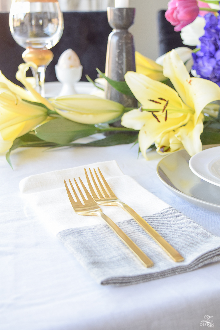 Modern easter tablescape modern golden eggs chic easter decor yellow lillies minted art-4