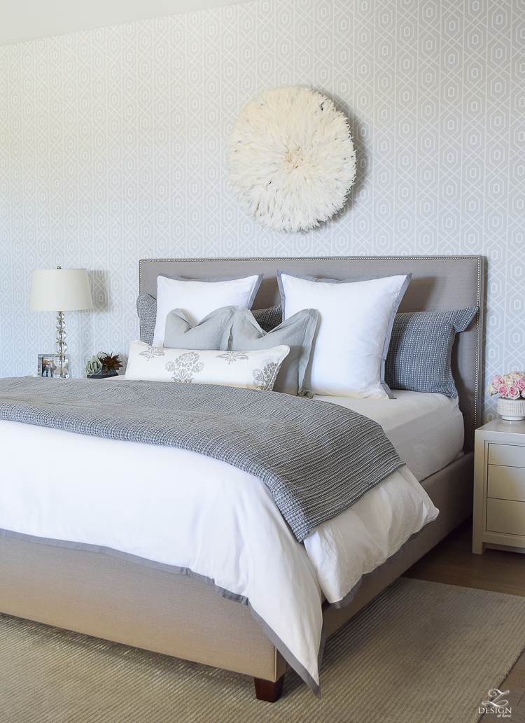 Spring home tour of a transitional master bedroom white and gray bedroom thibuat geometric wallpaper tips for a spring refresh -1