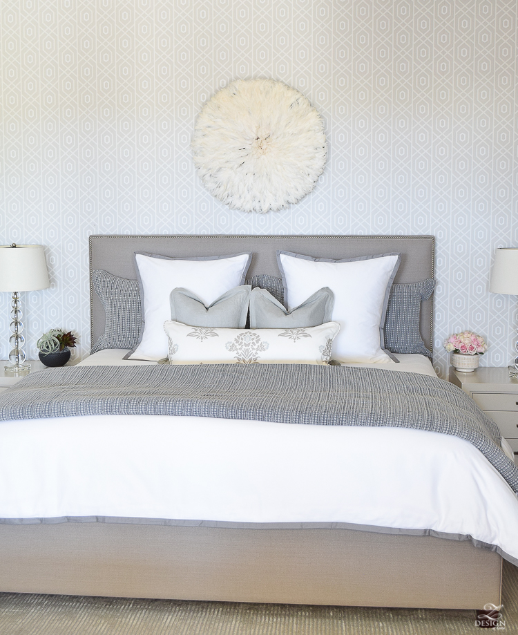 Spring home tour of a transitional master bedroom white and gray bedroom thibuat geometric wallpaper tips for a spring refresh -3