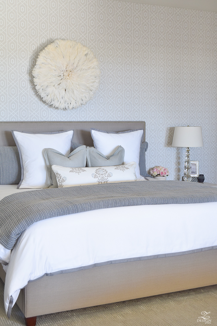 ZDesign At Home Spring Home Tour White and gray transitional bedroom geometric wallpaper white border frame bedding spring accessories -5