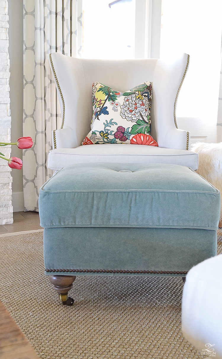 ZDesign how to update a tradtional chair teal tuffed ottoman with casters chiang mia dragon fabric pillow kravet riad drapes-1