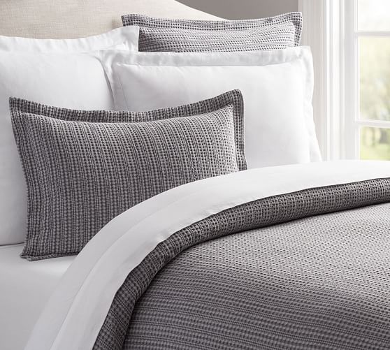 gray duvet from pottery barn with honeycomb pattern