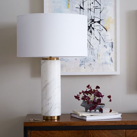 brass and marble table lamp with white linen shade