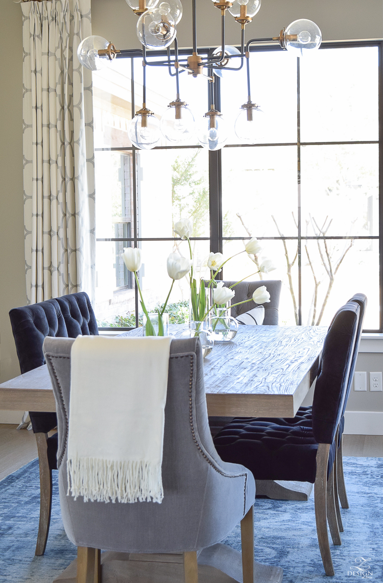 spring tour transitional dining room tulips on table velvet dining chairs kravet riad drapes-2