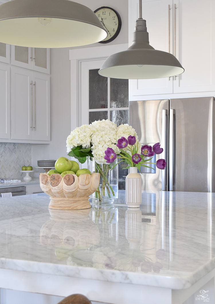 zdesign at home spring home tour modern white farmhouse kitchen carrara marble counter tops white shaker cabinets vintage barn pendants white hydrangeas-1