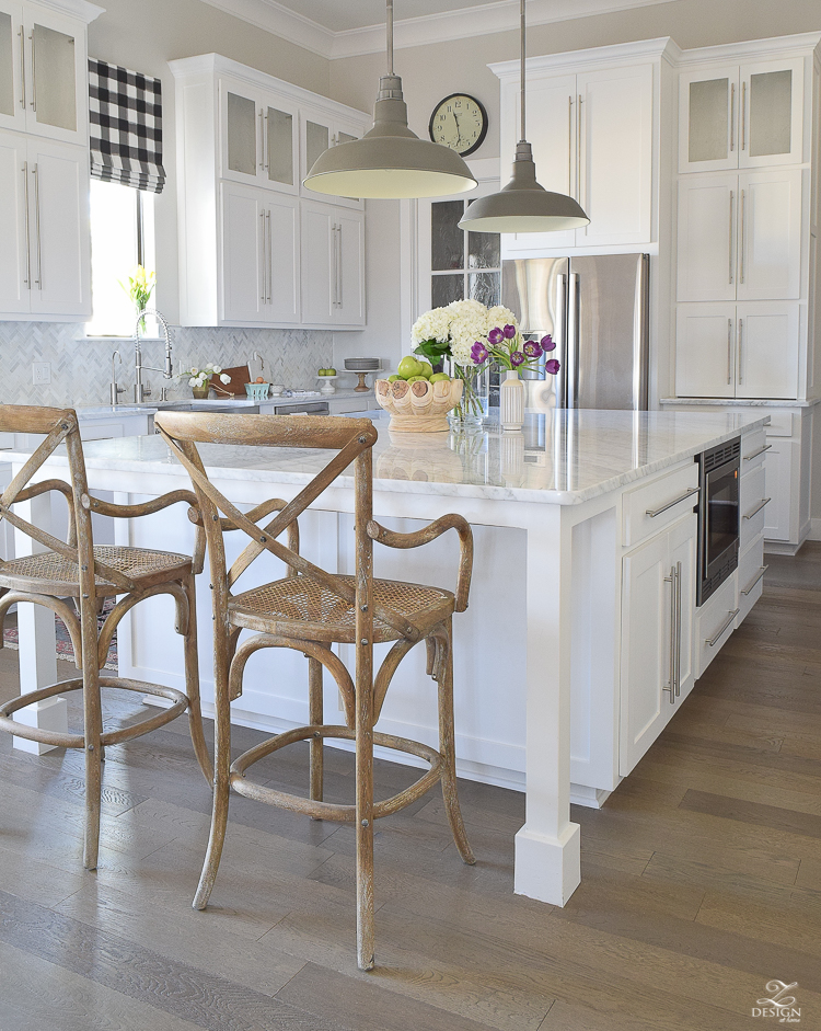 zdesign at home spring home tour modern white farmhouse kitchen carrara marble counter tops white shaker cabinets vintage barn pendants white hydrangeas-2