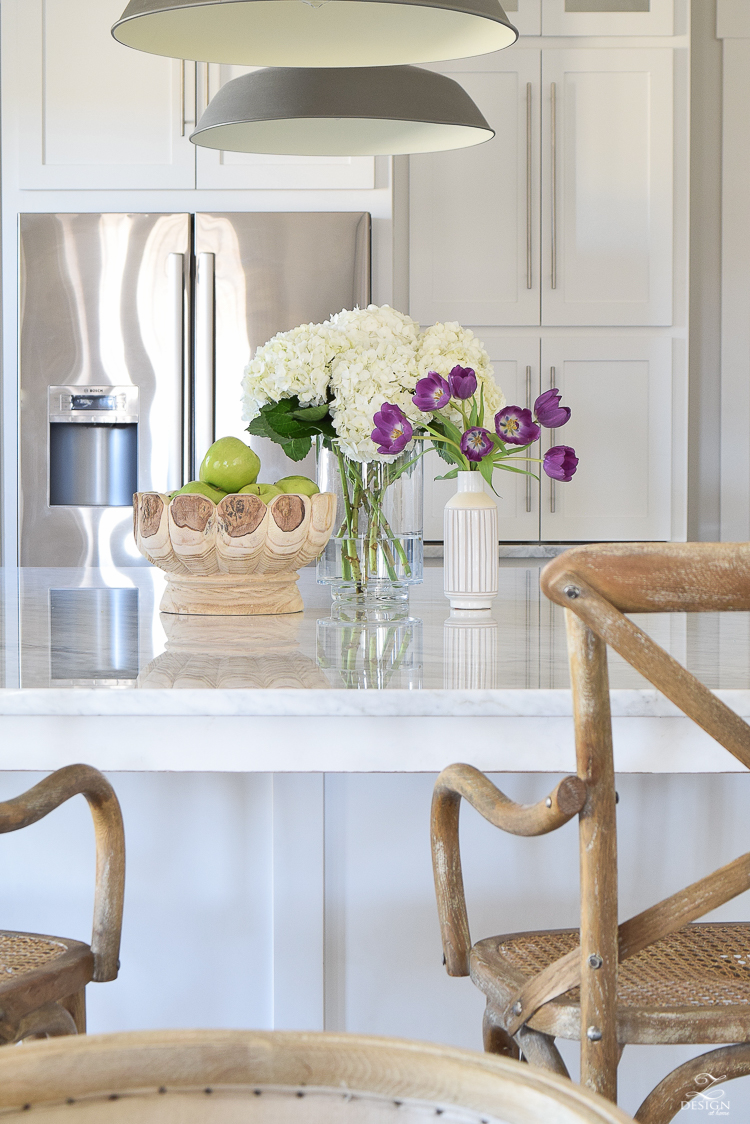 zdesign at home spring home tour modern white farmhouse kitchen carrara marble counter tops white shaker cabinets vintage barn pendants white hydrangeas-4