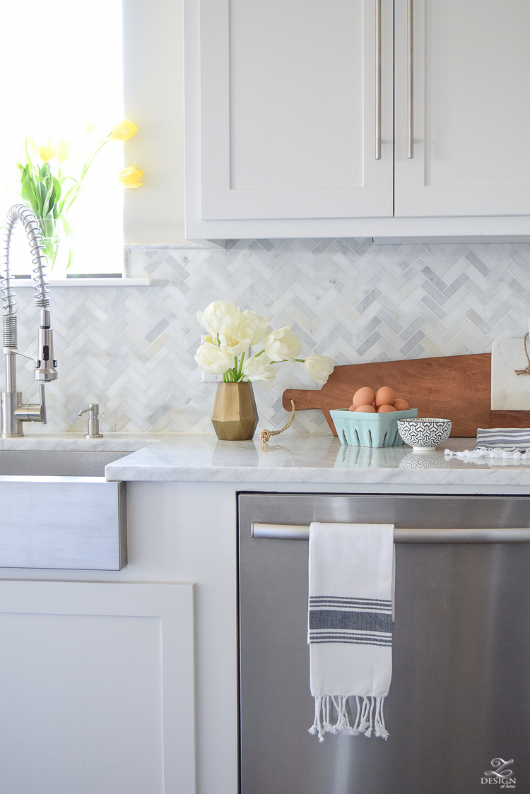 zdesign at home spring home tour modern white farmhouse kitchen carrara marble counter tops white shaker cabinets vintage barn pendants white hydrangeas-6