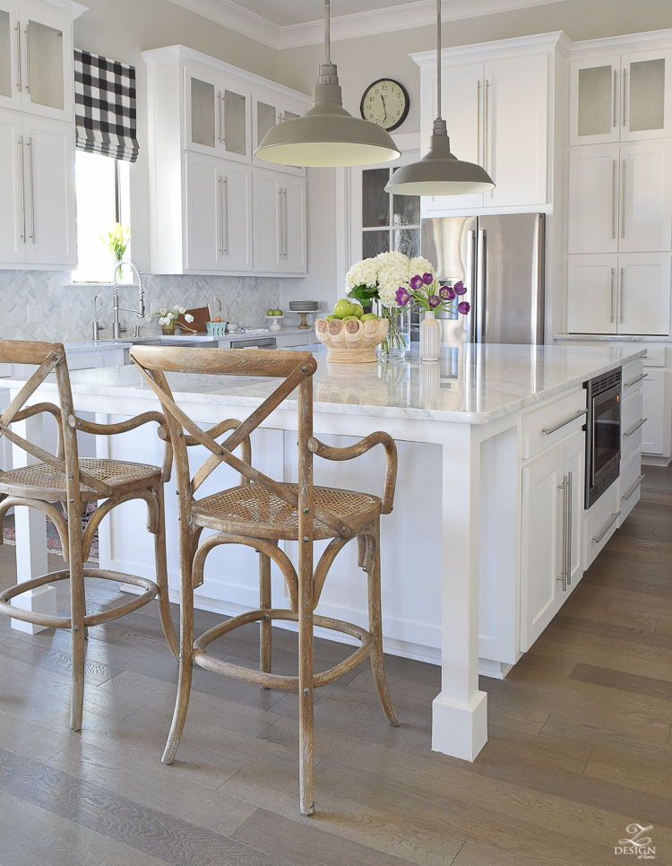 zdesign at home spring home tour modern white farmhouse kitchen carrara marble counter tops white shaker cabinets vintage barn pendants white hydrangeas-6