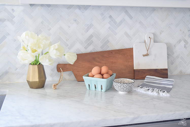 zdesign at home spring home tour modern white farmhouse kitchen carrara marble counter tops white shaker cabinets vintage barn pendants white hydrangeas-8