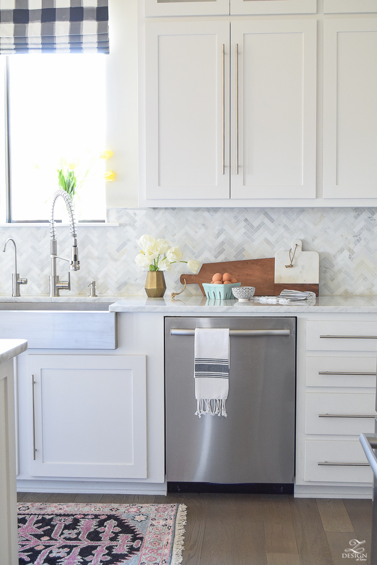 zdesign at home spring home tour modern white farmhouse kitchen carrara marble counter tops white shaker cabinets vintage barn pendants white hydrangeas-9