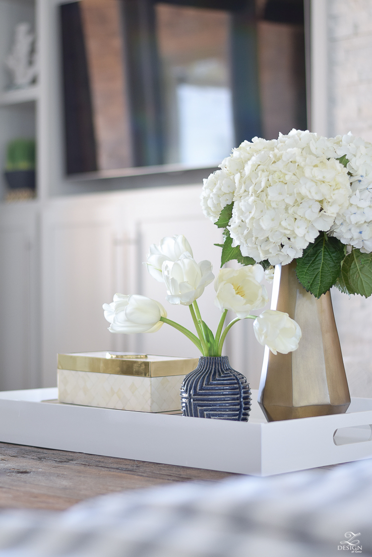 zdesign at home spring tour west elm blue patterned vase brass faceted vase white acrylic tray coffee table styling bone box white hydrangeas and tulips-1