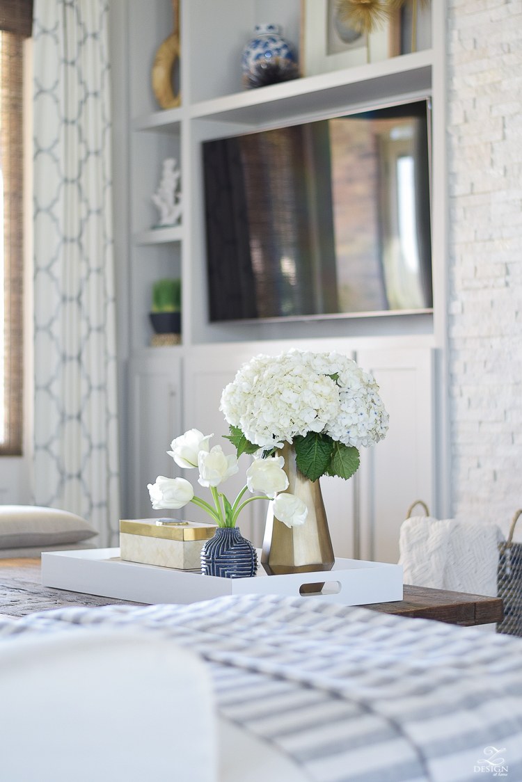 zdesign at home spring tour west elm blue patterned vase brass faceted vase white acrylic tray coffee table styling bone box white hydrangeas and tulips-2-2