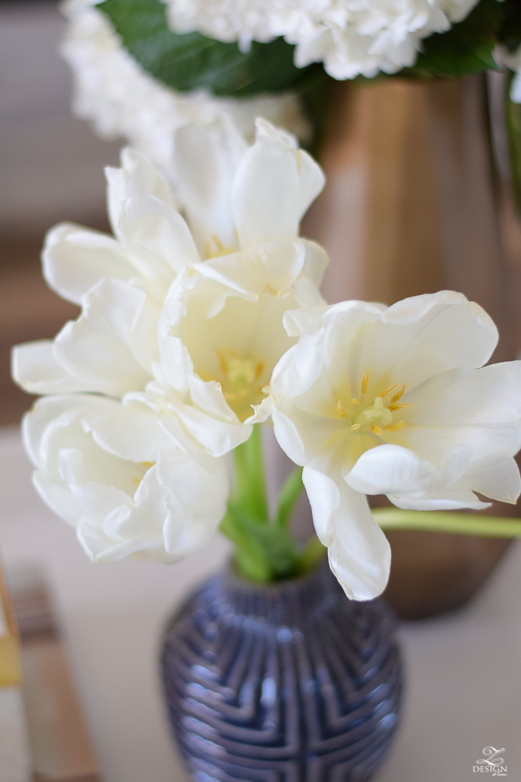 zdesign at home spring tour white tulips with yellow center in blue vase-1