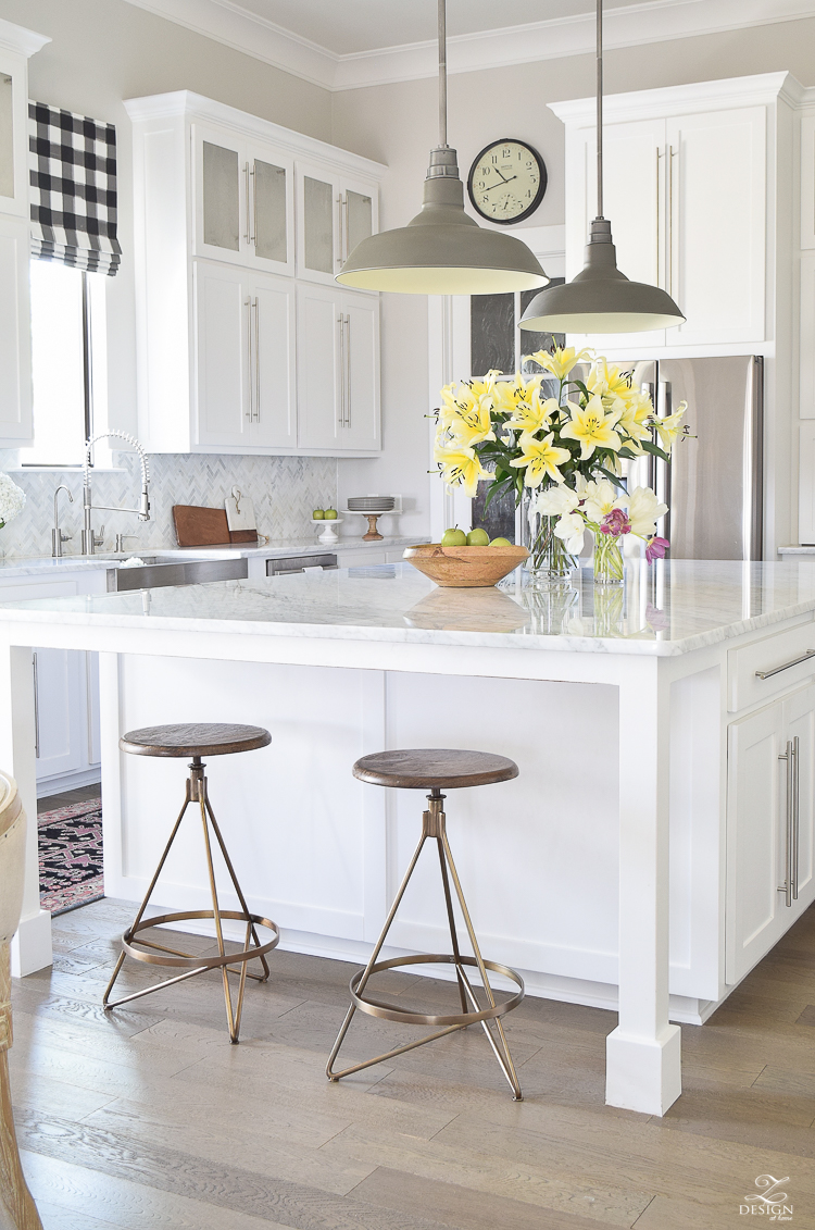 Best modern brass barstools white carrara marble counter tops white herringbone marble backsplash white modern farmhouse kitchen caitlin wilson rug-3