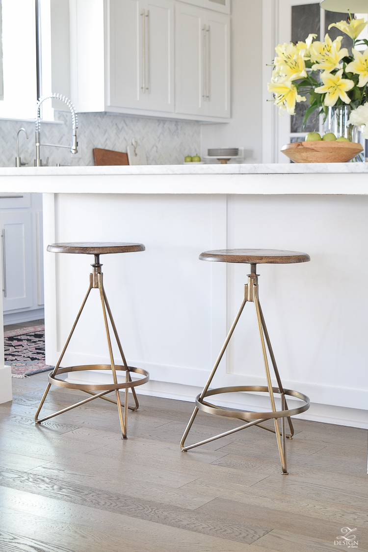 Brass swivel barstool Wyndham 25 Swivel Bar Stool by ARTERIORS Home white modern farmhouse kitchen gray vintage barn pendants gray wood floors-5