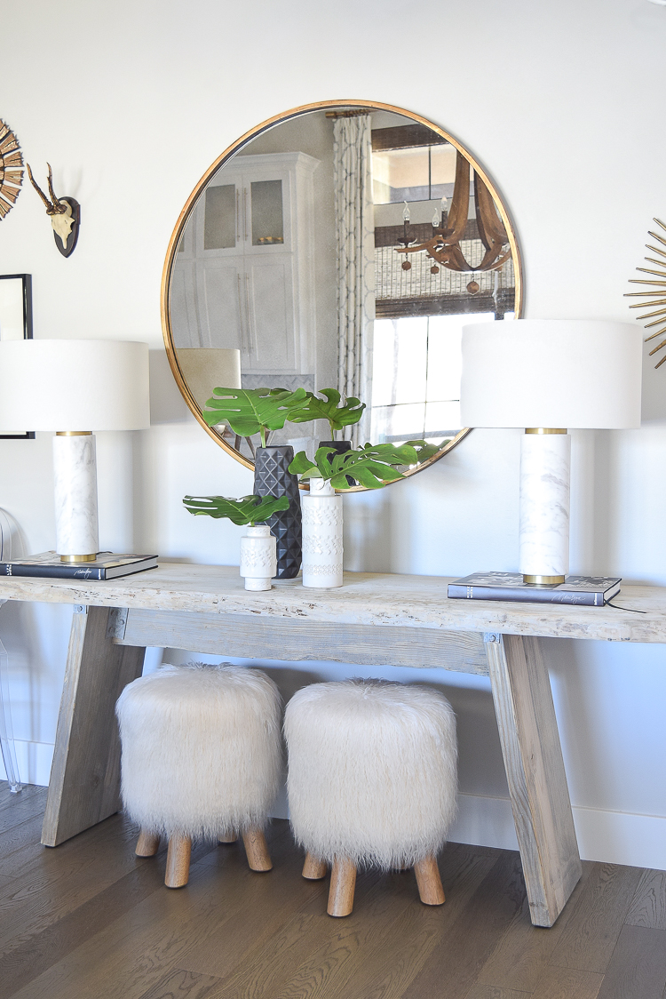 Spring Home Tour marble and brass table lamps round gold mirror fur stools sherwin williams on the rocks paint rustic console table-1