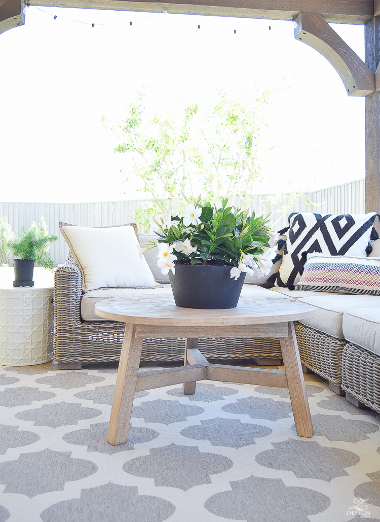 Spring outdoor living space rh rattan sectional black and white pillows with tassels outdoor entertaining geometric outdoor rug west elm outdoor table -5