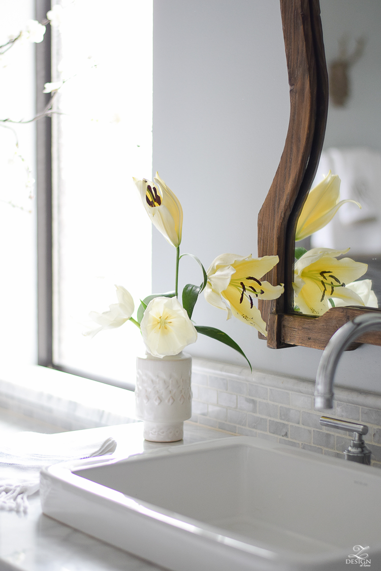 make your home feel cozy and inviting with flowers white bathroom transitional dining room gray rustic table marble backsplash-2