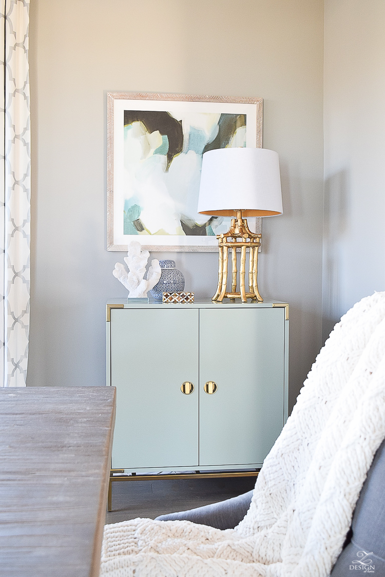 top 5 things to make your home cozy and inviting aqua and brass bar cabinet sw mindful gray paint minted art gold bamboo lamp-1