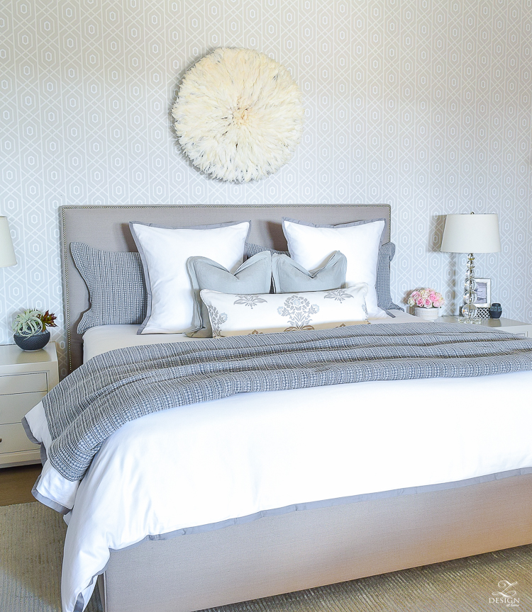 white and gray transitional bedroom spring decor in the bedroom pottery barn honeycomb bedding juju hat gray uholstered heaedboard-1