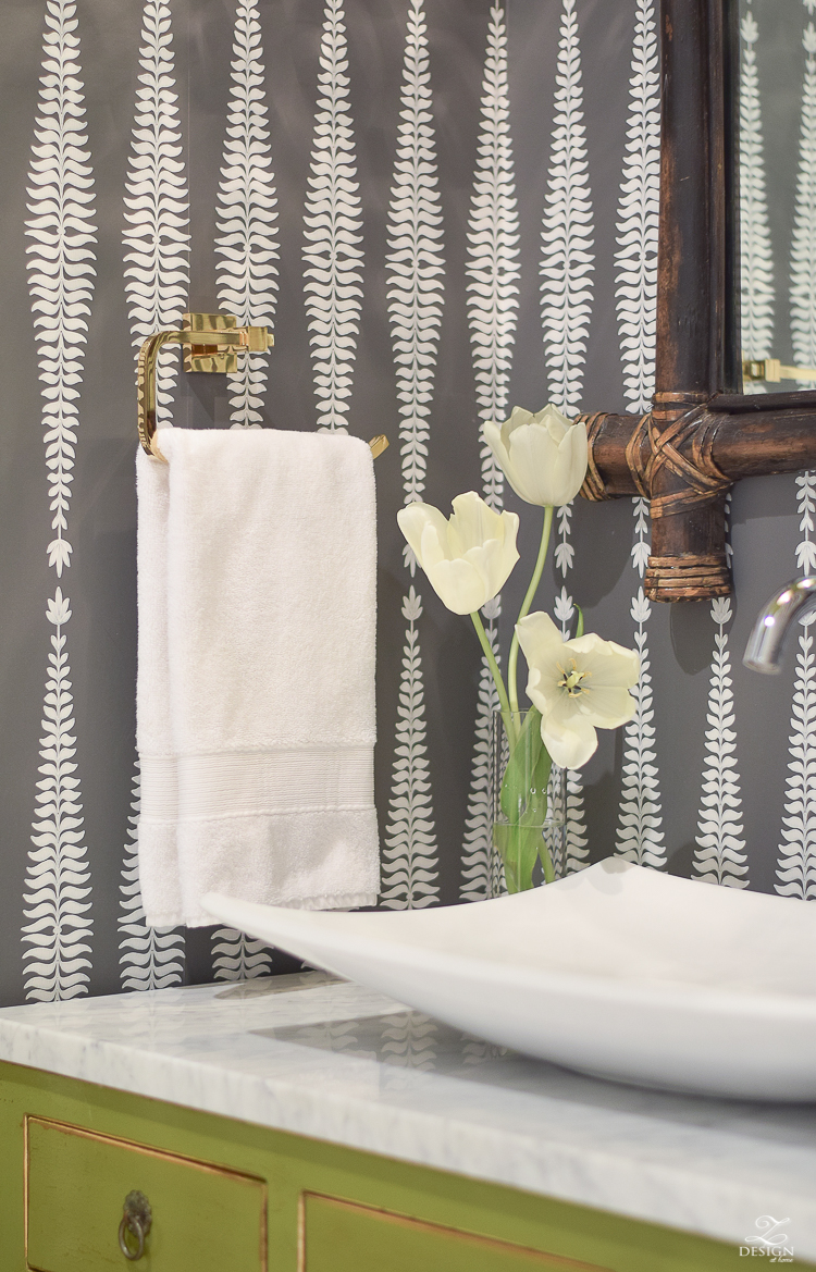 Beautiful powder roomBrass hand towel bar marble in the bathroom decolav white vessel sink Schumacher Fern Tree Graphite wallpaper carrara marble in the bathroom -1