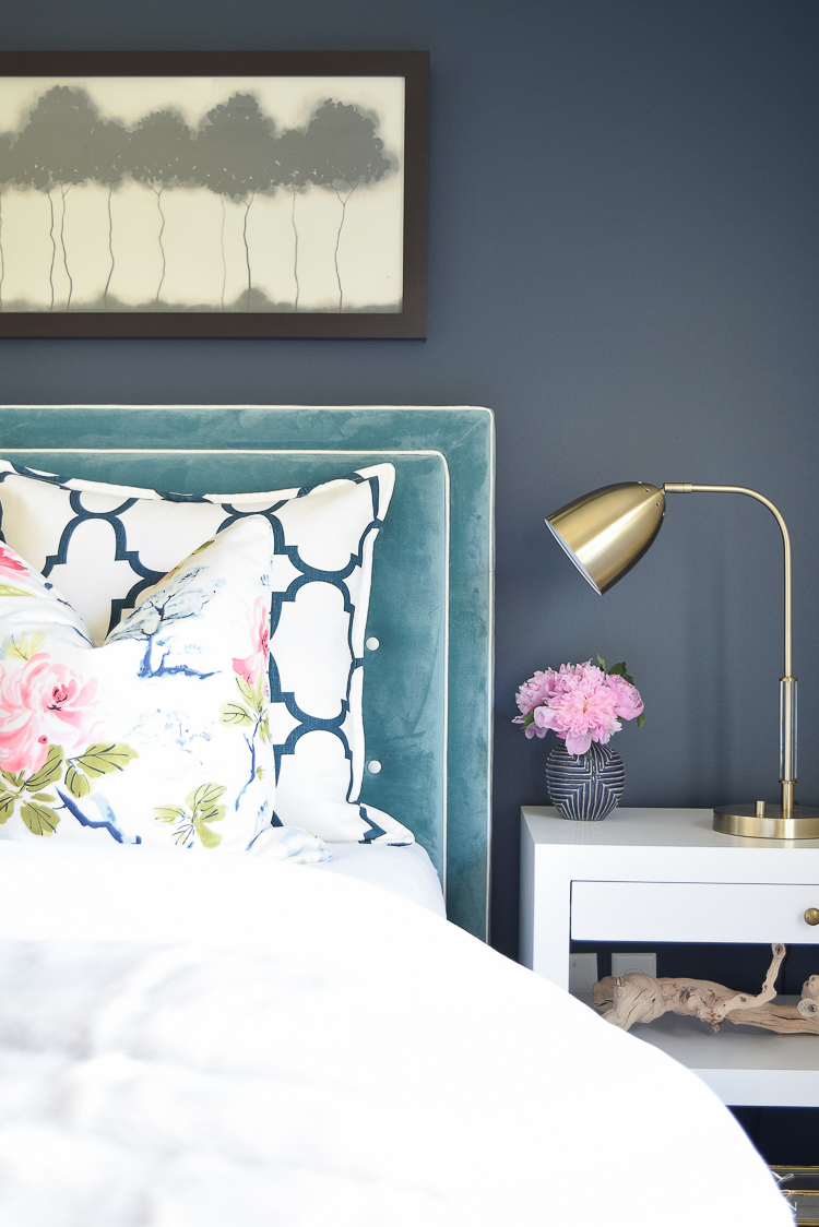 Design custom headbaord teal velvet headboard with white trim eastern charm floral pillow riad navy custom pillow blue geometric vase velvet headboards gentlemans gray navy paint-2