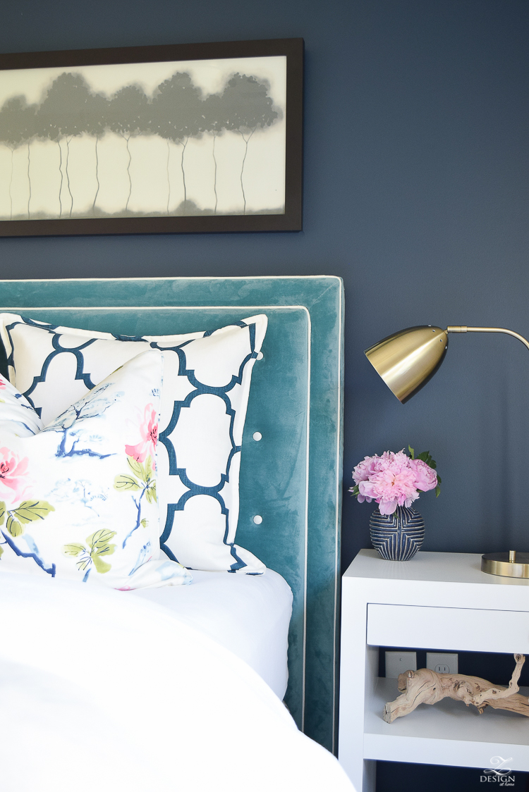 Design custom headbaord teal velvet headboard with white trim eastern charm floral pillow riad navy custom pillow blue geometric vase velvet headboards gentlemans gray navy paint-3