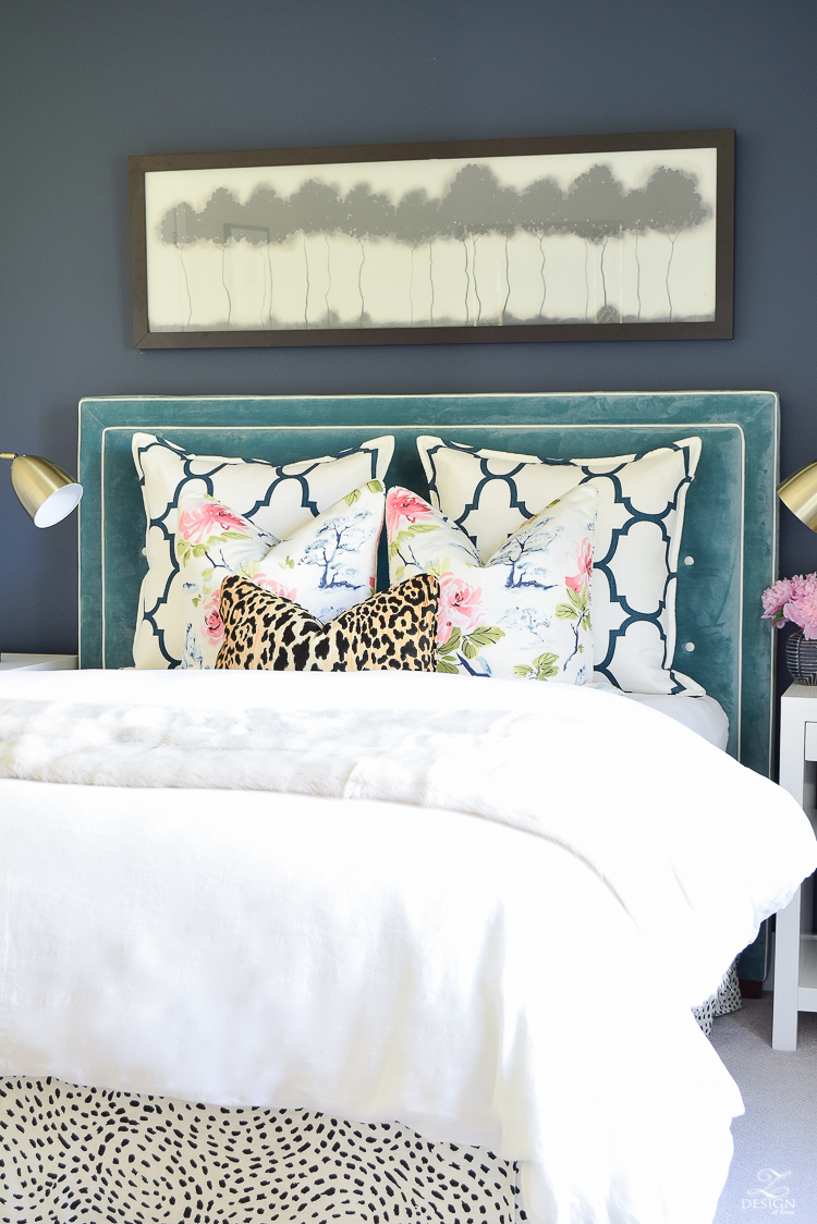 Design custom headbaord teal velvet headboard with white trim eastern charm floral pillow riad navy custom pillow blue geometric vase velvet headboards gentlemans gray navy paint-7