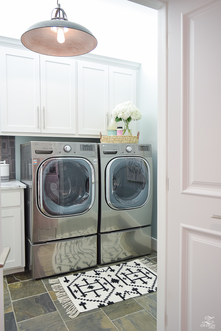 Laundry room ideas stainless LG washer and dryer slate flooring stainless bar pulls delta chrome faucet stainless sink-2