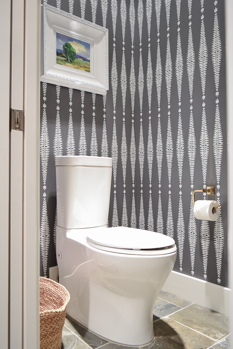 Modern kohler toilet transitional modern bathroom design schumacher wall paper fern tree in graphite white frame slate flooring two piece toilet -1