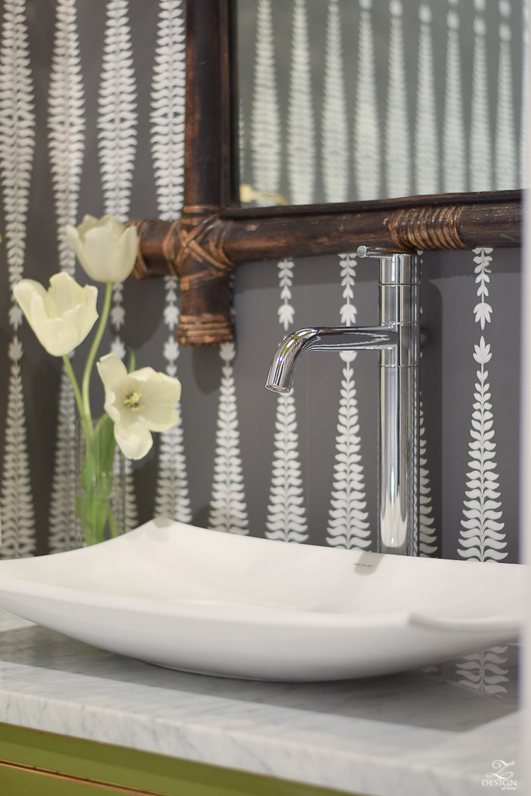 ZDesign At Home Powder Room White Decolav Sink Marble in the bathroom schumacher fern tree wallpaper bamboo mirror gorgeous powder rooms-1