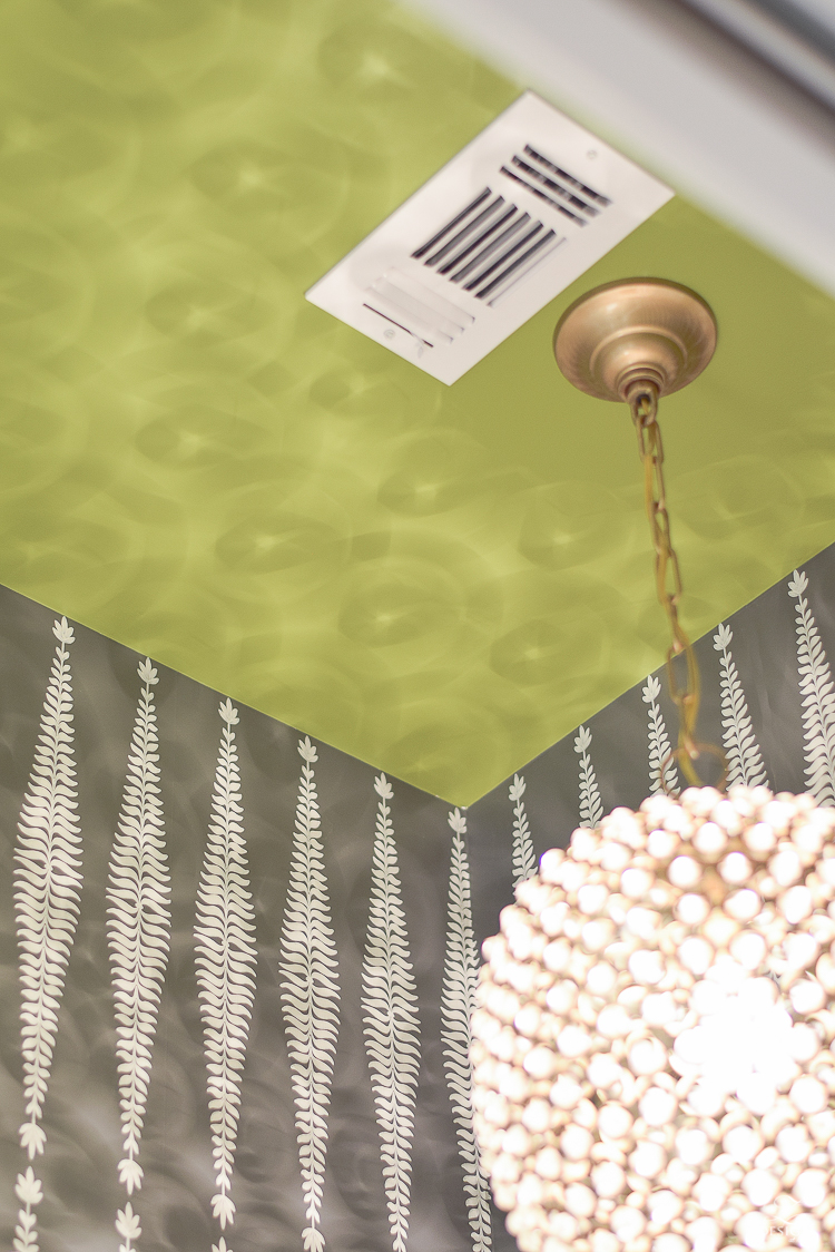 ZDesign At Home Powder Room shcumacher fern tree wallpaper brass beaded chandelier green painted ceiling beautifully decorated powder rooms-1